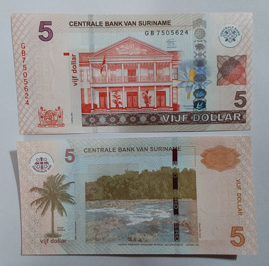 Suriname 5dollar 2012 UNC P162 - ZealHobbieZ