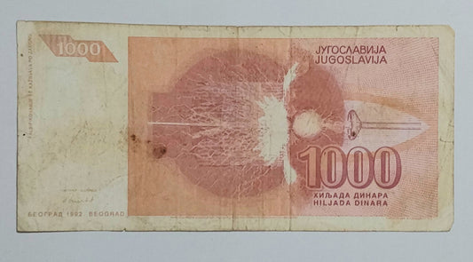 Yugoslavia 1000 Dinara 1992 P114 (Tesla) Used note ending serial no: 0818 - ZealHobbieZ
