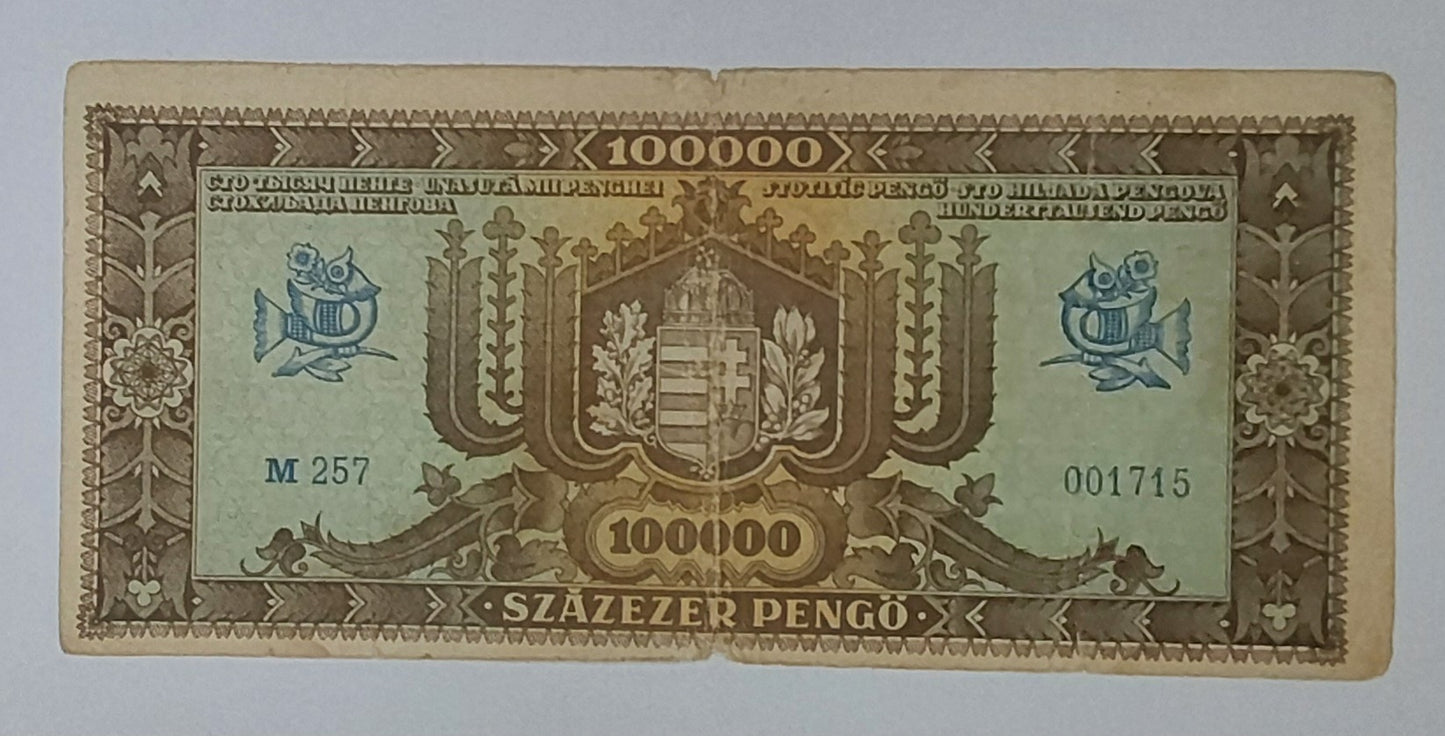 Hungary 100 000 Pengo 1945 (brown) P121 heavily Used note ending serial no 1715 - ZealHobbieZ