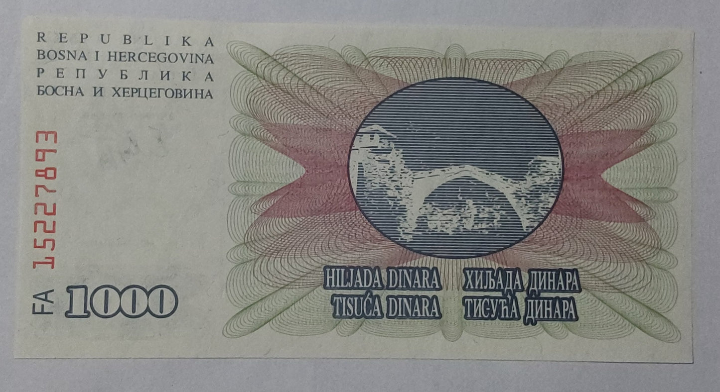 Bosnia and Herzegovina 1000 Dinars UNC 1992 P15 - ZealHobbieZ
