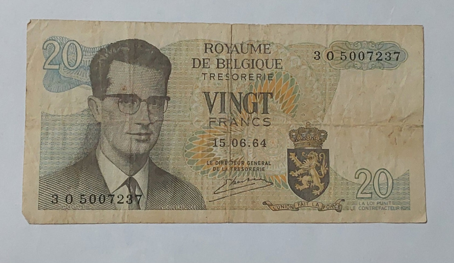 Belgium 20 Francs - Baudouin I 1964 P138 Used note ending serial no: 7237 - ZealHobbieZ