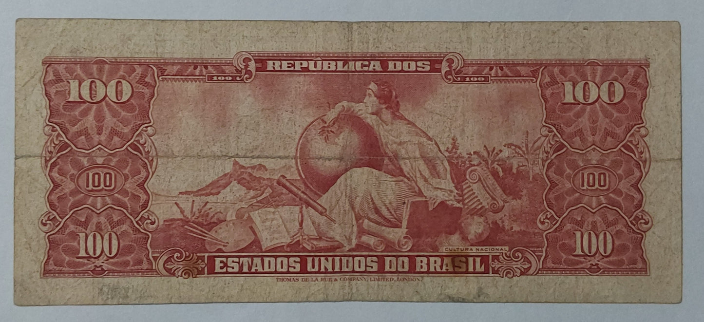 Brazil 100 Cruzeiros Stamped 10 1966-67 Centavos Used note ending 4129 P185 - ZealHobbieZ