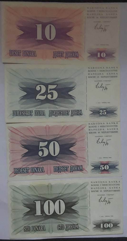 Bosnia&Herzegovina set of 4 notes 10,25,50,100 dinara P10,P11,P12 and P13 1992 UNC - ZealHobbieZ