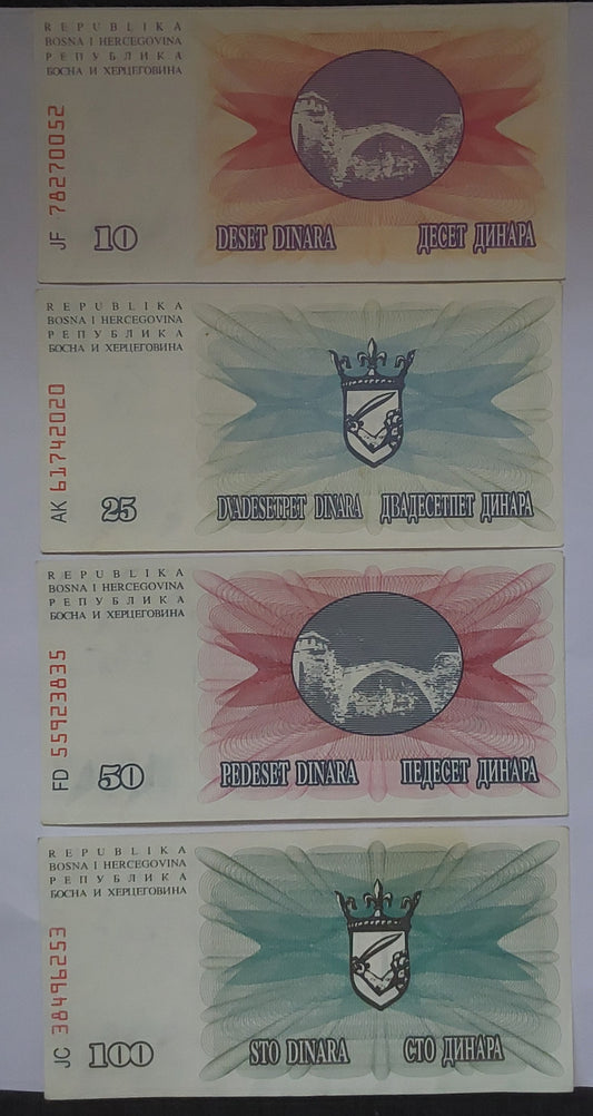 Bosnia&Herzegovina set of 4 notes 10,25,50,100 dinara P10,P11,P12 and P13 1992 UNC - ZealHobbieZ