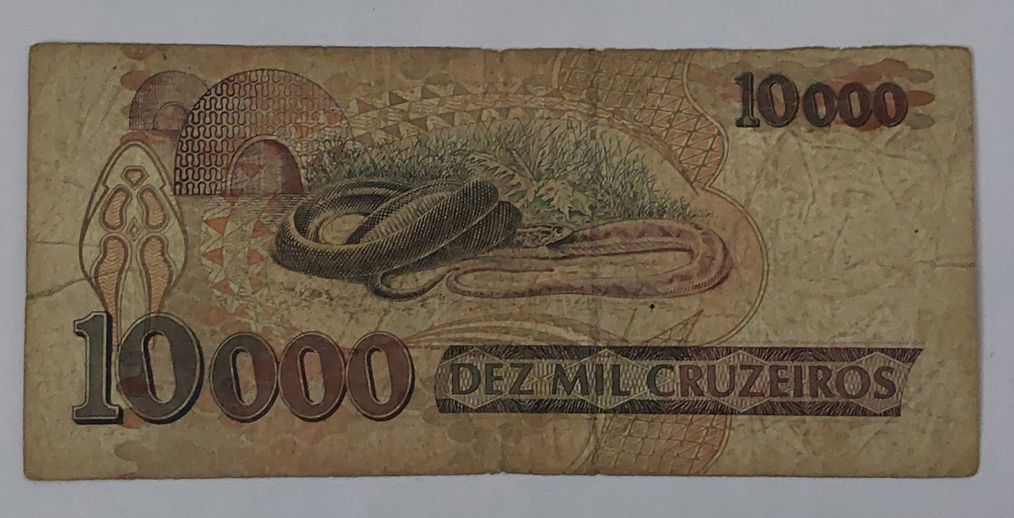 Brazil 10000 Cruziros 1993 P233 heavily Used note ending serial no:427 - ZealHobbieZ