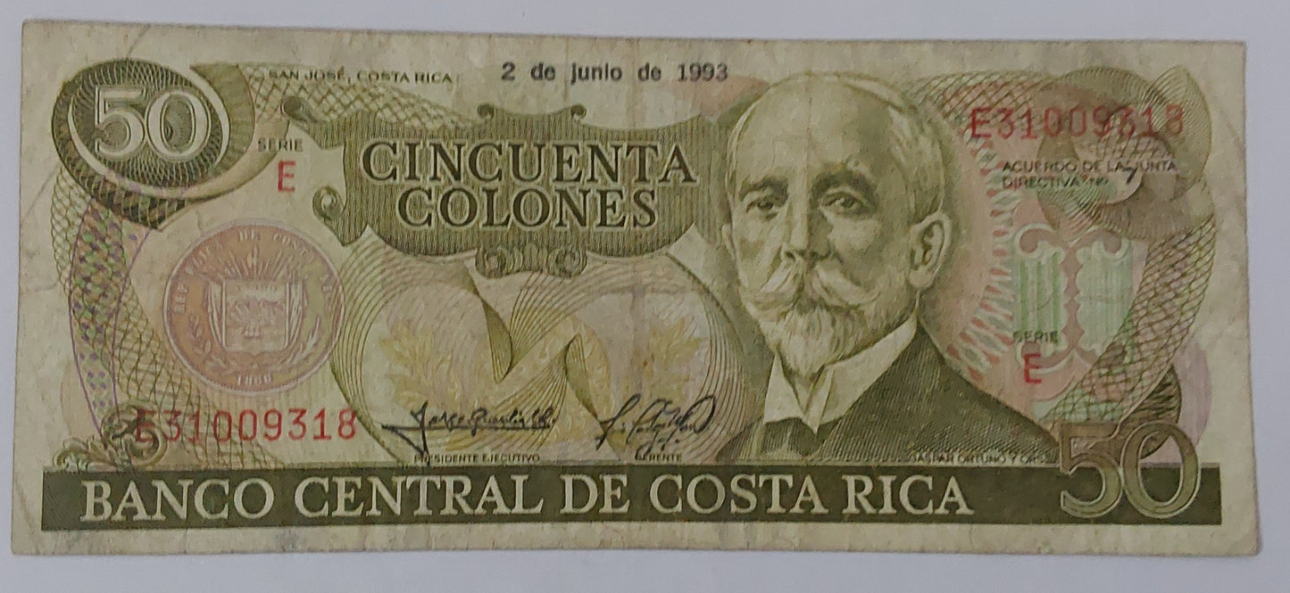 Costa Rica 50 Colones (Series E) 1993 P257 Used - ZealHobbieZ
