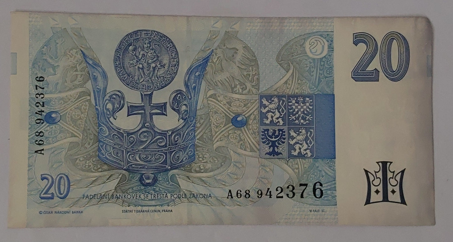 Czech Republic 20 Korun 1994 P10 Used note ending serial no: 376 - ZealHobbieZ