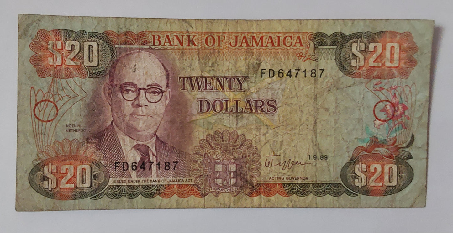Jamaica 20 Dollars 1989 P72c Used note ending serial no: 187 - ZealHobbieZ