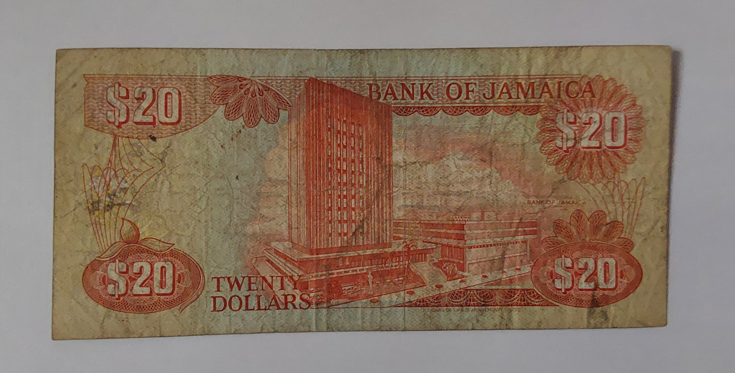 Jamaica 20 Dollars 1989 P72c Used note ending serial no: 187 - ZealHobbieZ