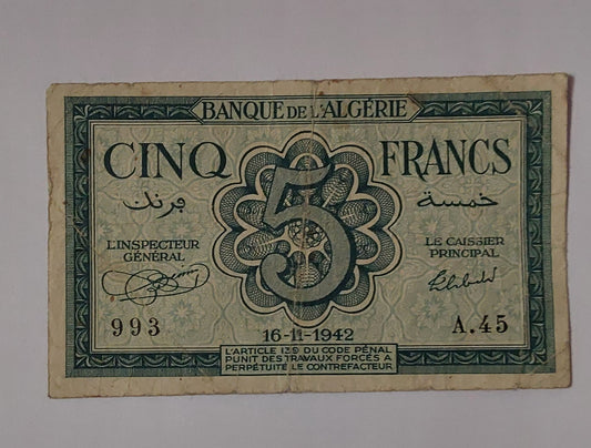 Algeria 5 Francs Heavily Used note 1942 P91 Used note ending serial no:993 (small size) - ZealHobbieZ