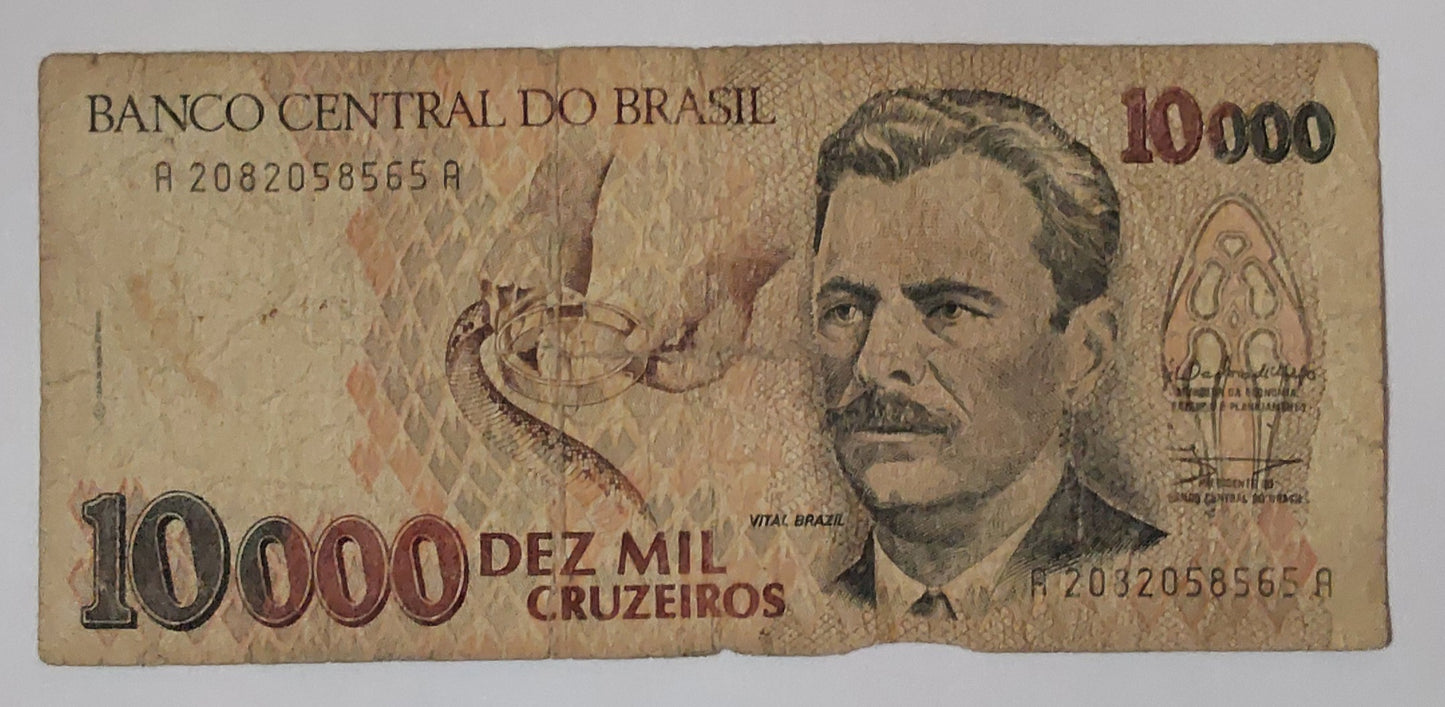 Brazil 10000 Cruziros 1993 P233 heavily Used note ending serial no: 565 - ZealHobbieZ
