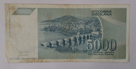 Yugoslavia 5000 Dinara 1992 Used note ending serial no:224 - ZealHobbieZ