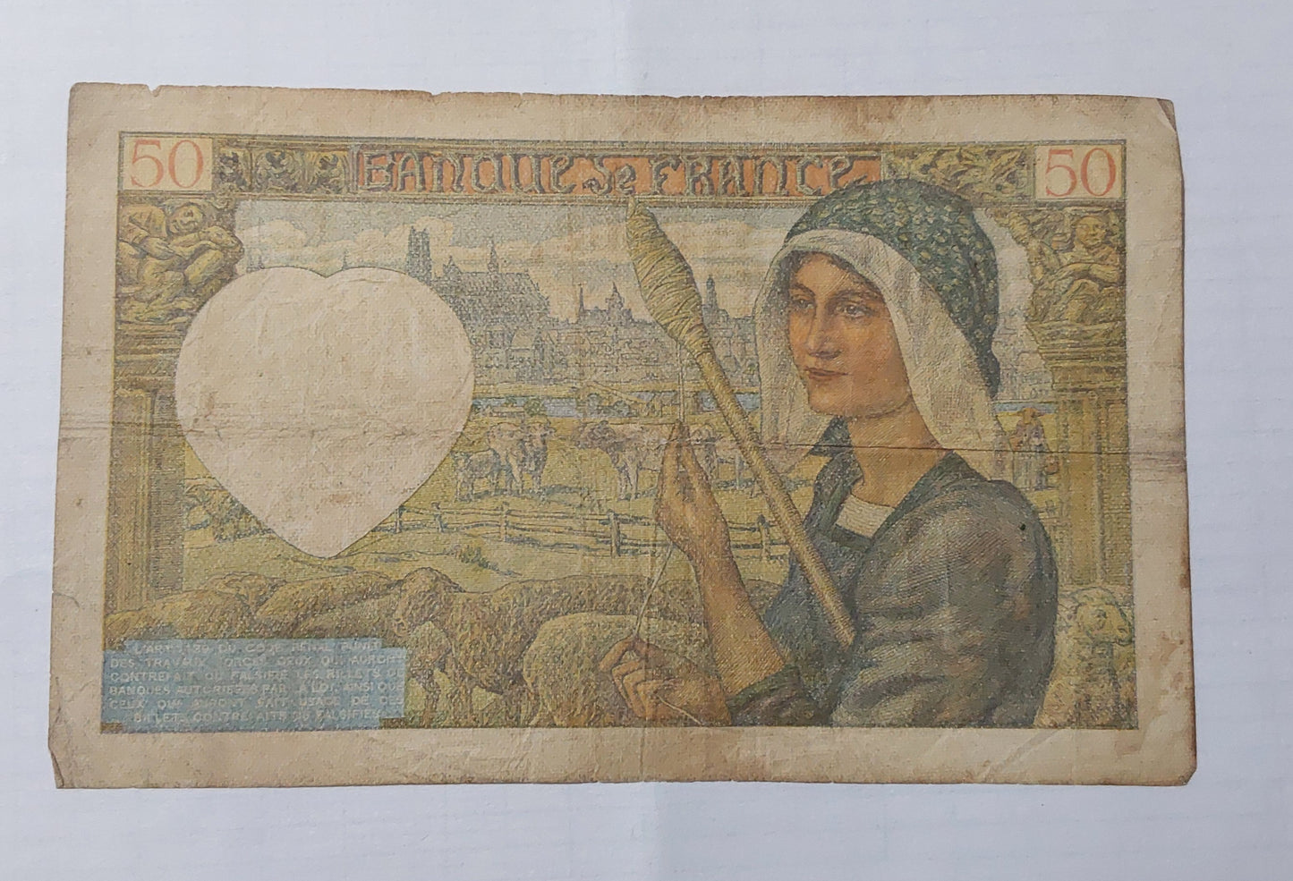 France 50 Francs (Jacques Coeur) 1941 P93 Used note ending serial no: 387 - ZealHobbieZ