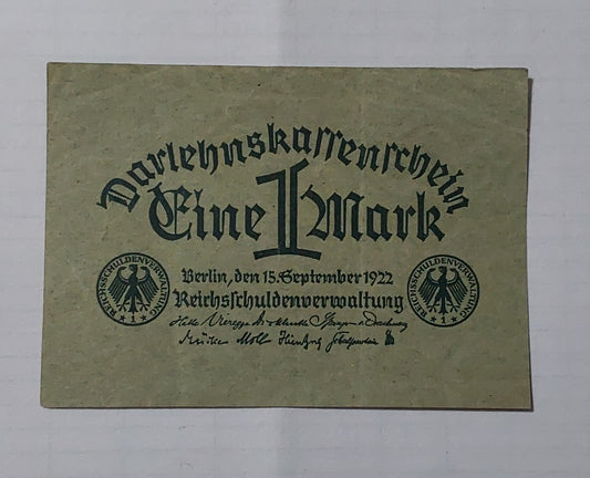 Germany 1 mark 1922 P61 (small size) Green colour Used note - ZealHobbieZ