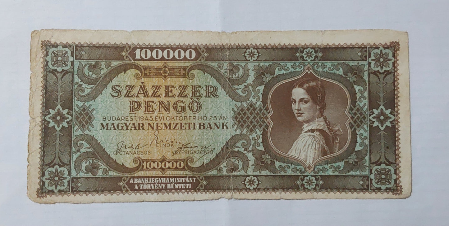 Hungary 100 000 Pengo 1945 (brown) P121 heavily Used note ending serial no 589 - ZealHobbieZ