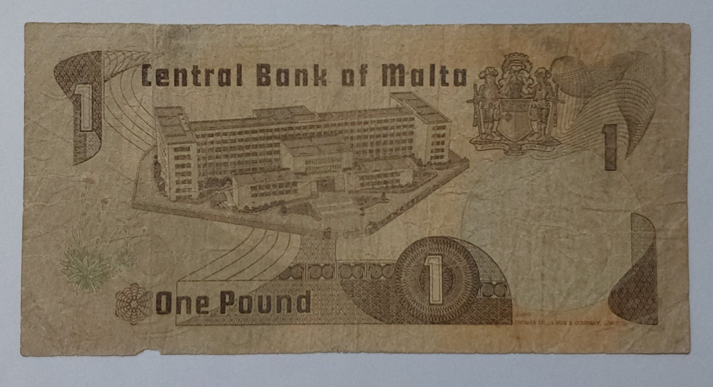 Malta 1 Lira / 1 Pound P34 Heavily Used note ending serial no:068 - ZealHobbieZ