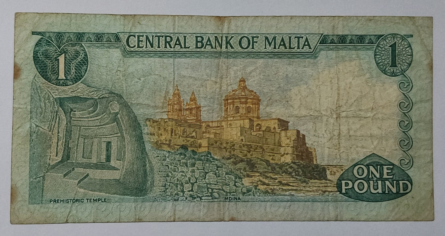 Malta 1 Lira / 1 Pound 1973 P31 Used note ending serial no: 589 - ZealHobbieZ