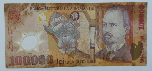 Romania 100000 Lei 2004 P114 Polymer heavily Used note ending serial no:226 - ZealHobbieZ