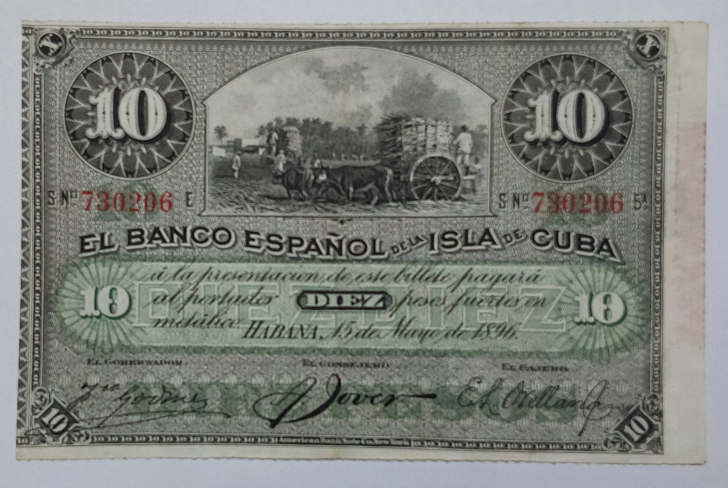 Cuba 10 Pesos 1896 P49d Used note ending serial no:206 - ZealHobbieZ
