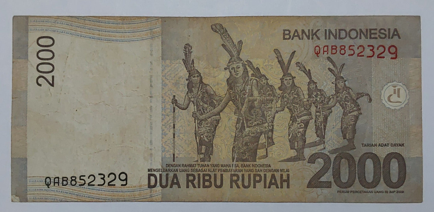 Indonesia 2000 Rupiah 2009 P148a Used note ending serial no:329 - ZealHobbieZ