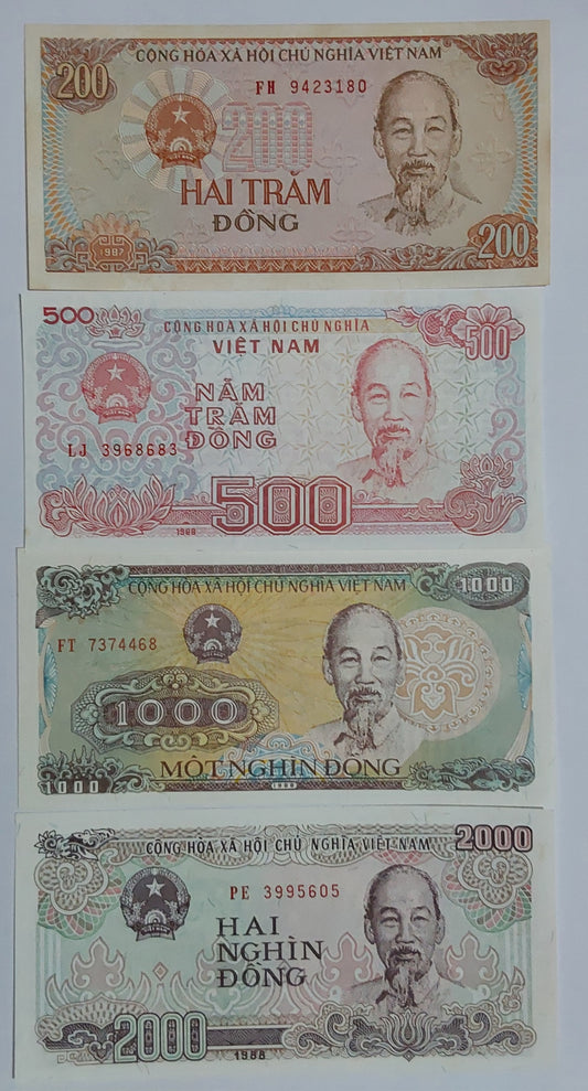 Vietnam Set of 4 UNC notes 200,500,1000,2000 dong - ZealHobbieZ
