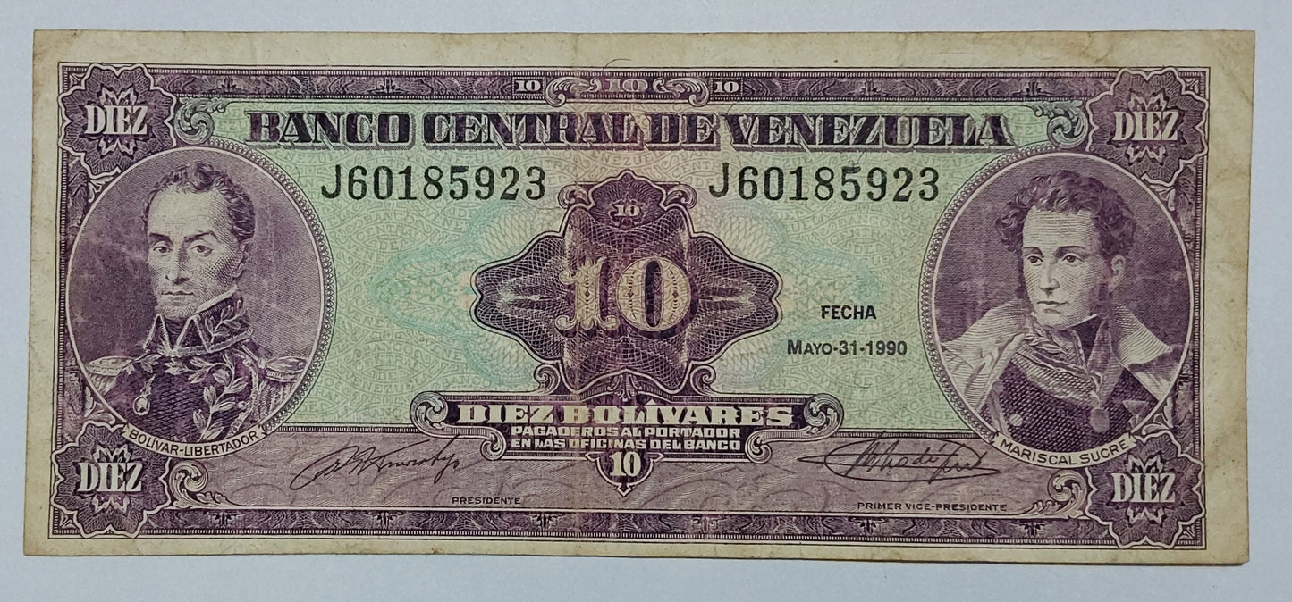 Venezuela 10 Bolívares 1990 P61 Heavily Used ending serial no 923 - ZealHobbieZ