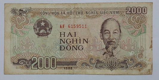 Vietnam 2000 Dong Used 1988 P107 Used note ending serial no:511 - ZealHobbieZ