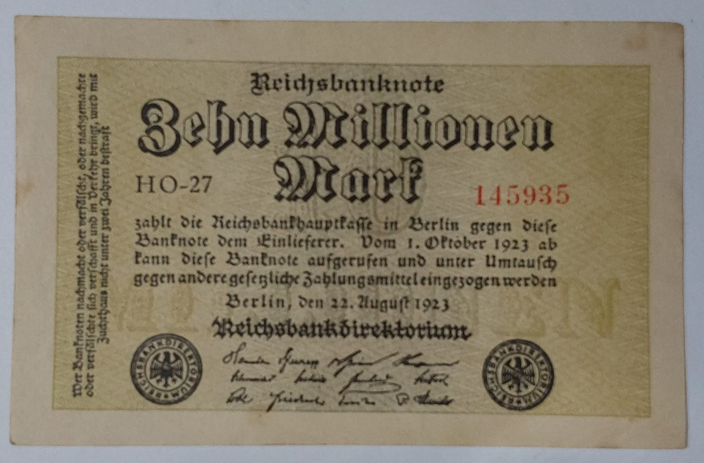 Germany 10,000,000 Mark 1923 P106a Used Uniface note ending serial no 935 - ZealHobbieZ