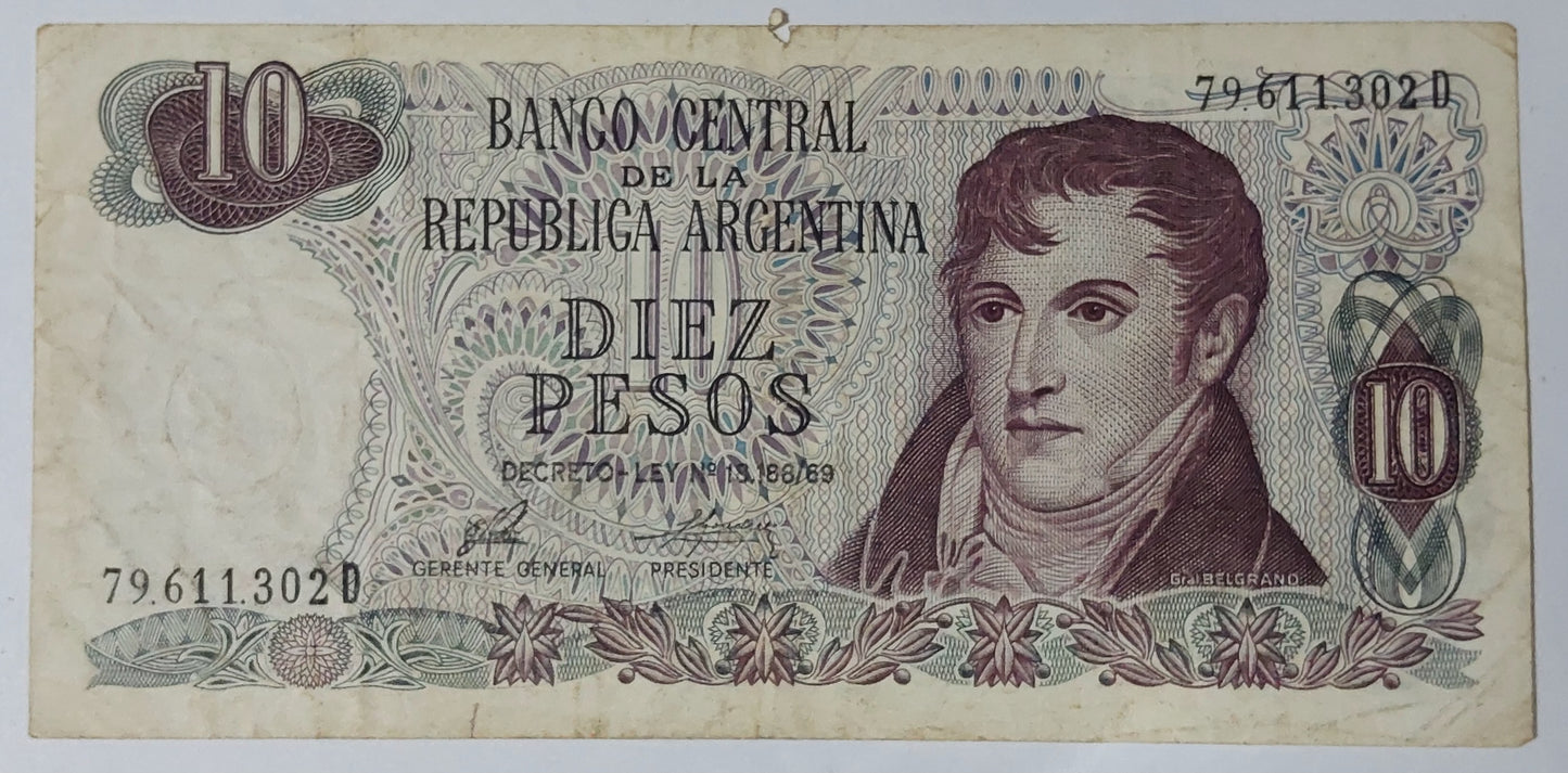 Argentina 10 Pesos 1976 P295 Used note ending serial no:302 - ZealHobbieZ