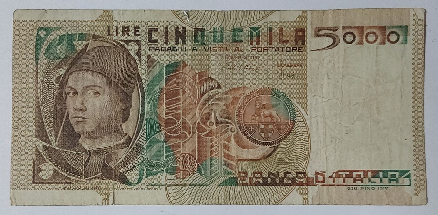 Italy 5000 Lira 1980 P105 heavily Used note ending serial no: 122 - ZealHobbieZ