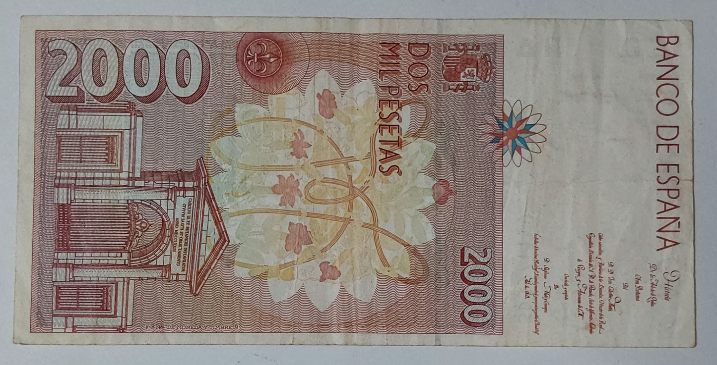 Spain 2000 Pesatas 1992 P162 Used note ending serial no:119 - ZealHobbieZ