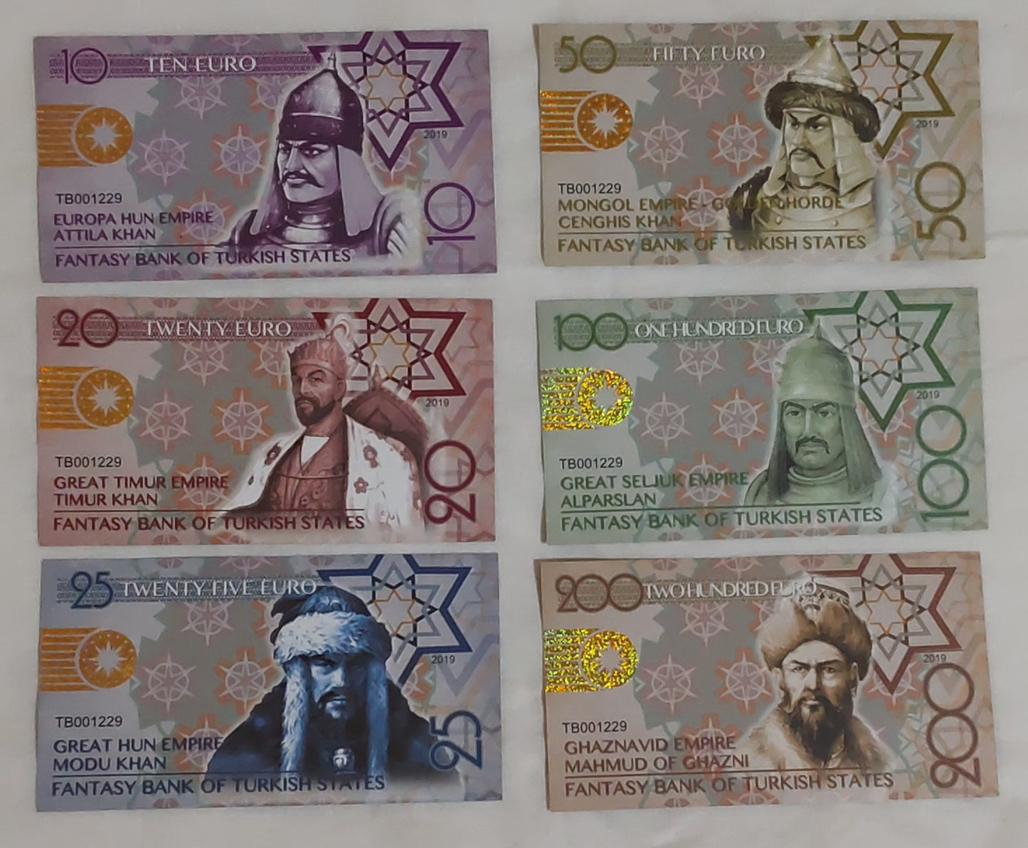 Bank of Turkish states - 10,20,25,50,100,200 Euro (Fantasy banknote) set
