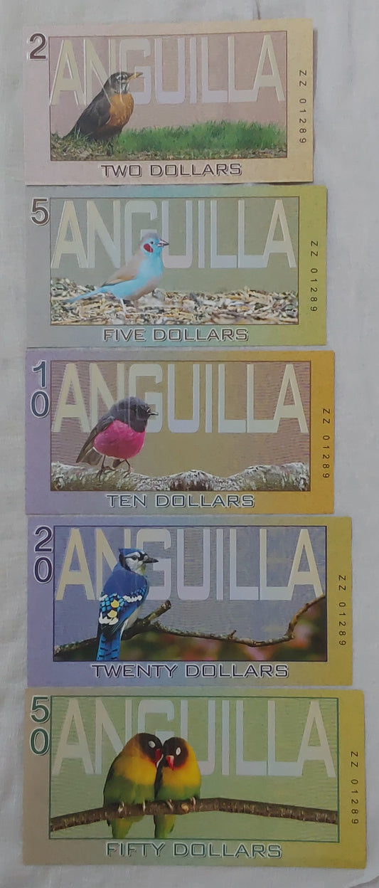 British overseas territory  Angulia 5 notes fantasy set 2019  Queen Elizabeth II UNC  (not a legal tender)