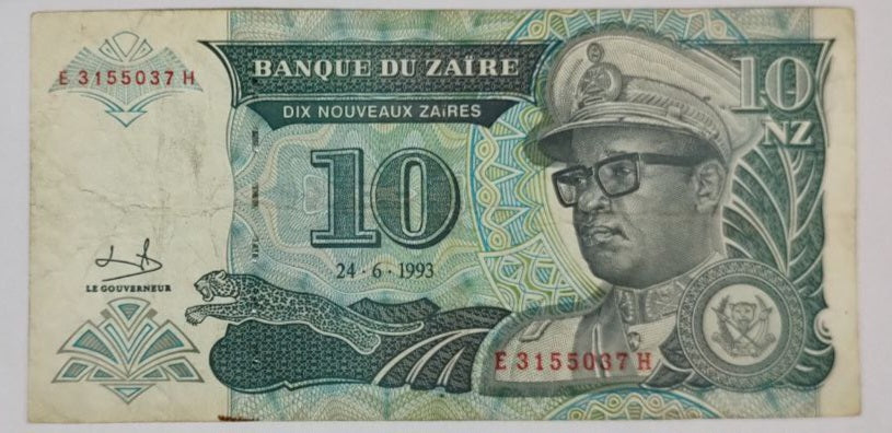 Zaire 10 Nouveaux Zaïres 1993 Used note Ending 037 P55 - ZealHobbieZ