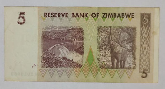 Zimbabwe 5 Dollars 2007 P66 "AA" Used note ending serial no:063 - ZealHobbieZ