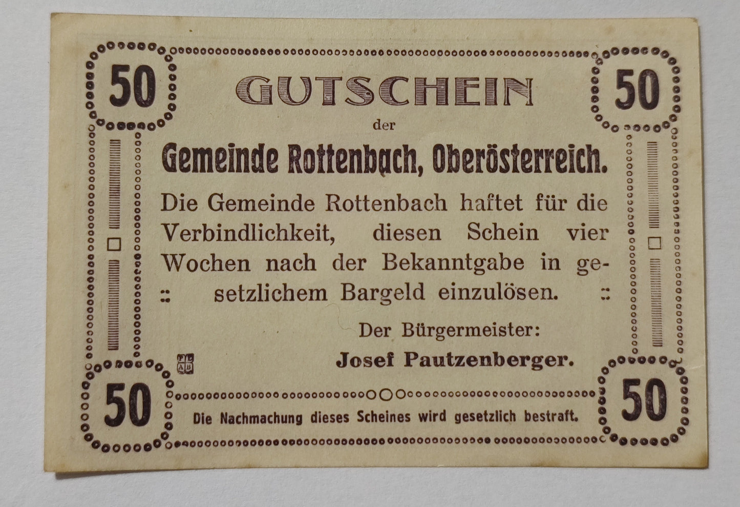 Austria notgeld ( muncipality of rottenbach) 50 heller 1920 used
