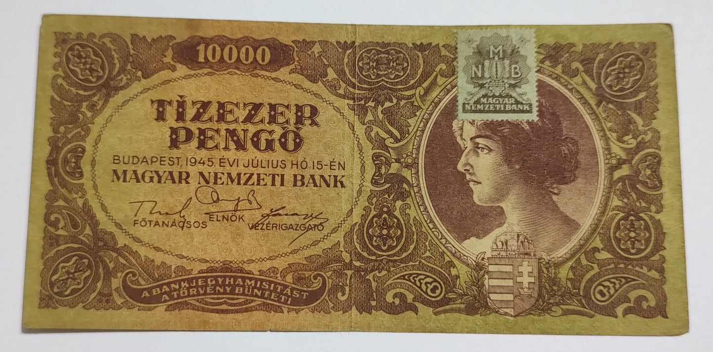 Hungary 10000 Pengo 1945 with stamp N1 Used