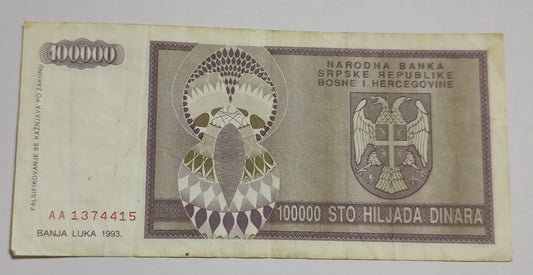 Republic of Srpska (Bosnia and Herzegovina) 1000 000 Dinara 1993 P141 Used