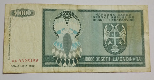 Republic of Srpska (Bosnia and Herzegovina)  10000 Dinara 1992 P139 Used
