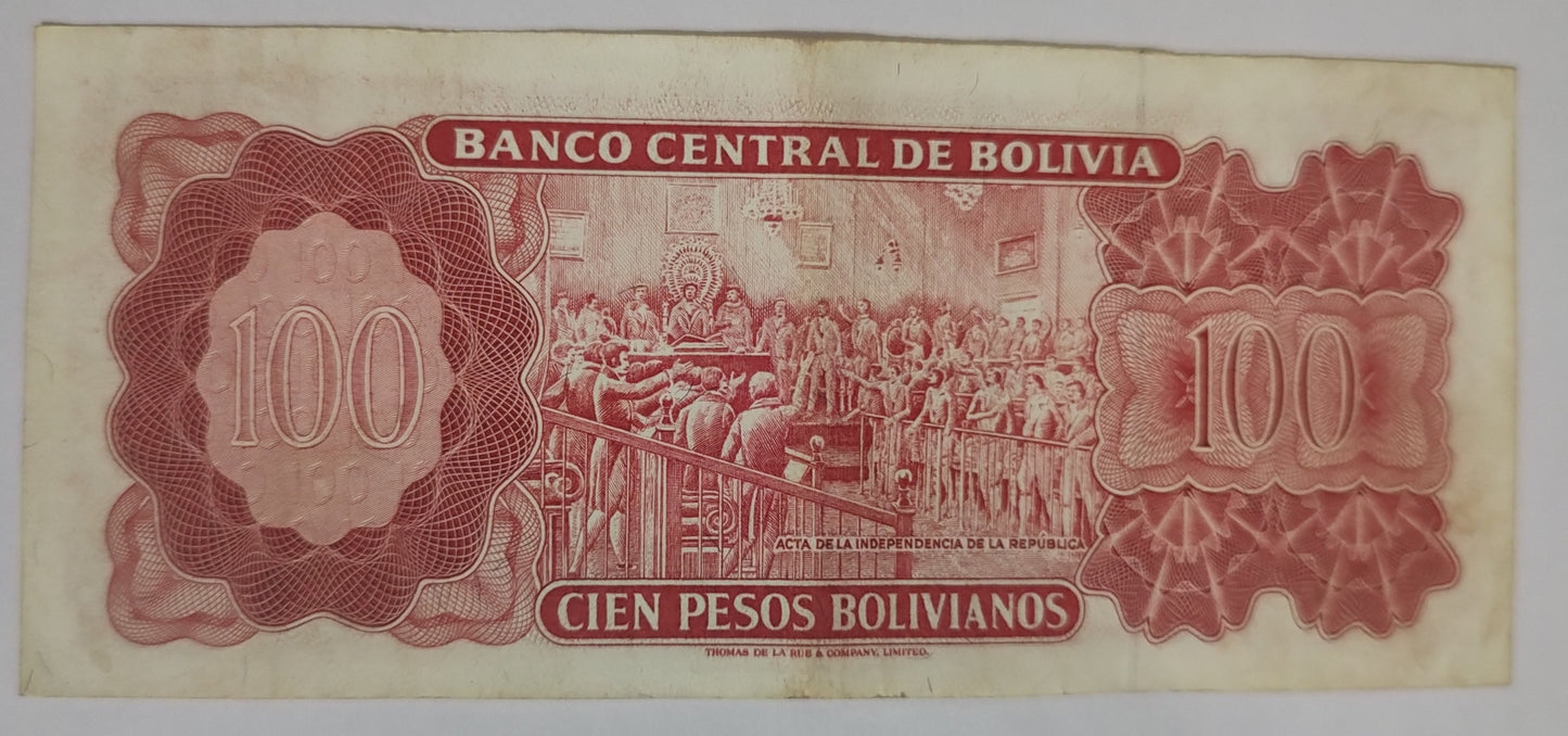 Bolivia 100 pesos bolivianos 1982 P164A used (series K)