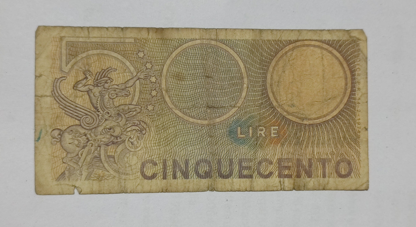 Italy 500 Lira 1974 P94 Heavily Used - World Bank note collection