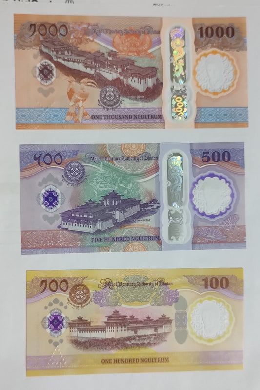 Bhutan 100, 500,1000 Ngultrum polymer 2025 UNC