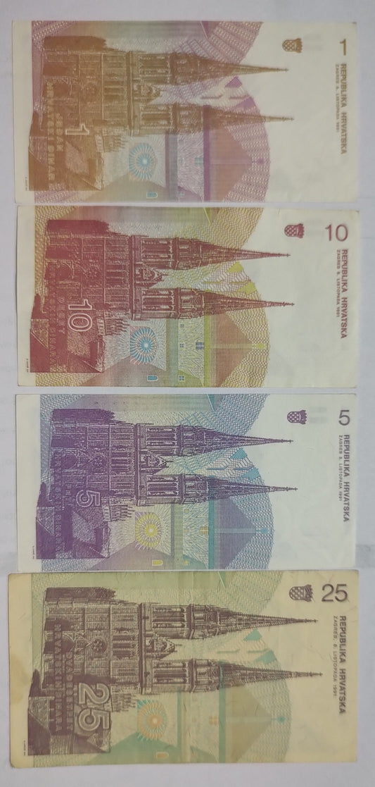Croatia 1991 Banknote Set – 1, 5, 10 & 25 Dinara (4 Notes)