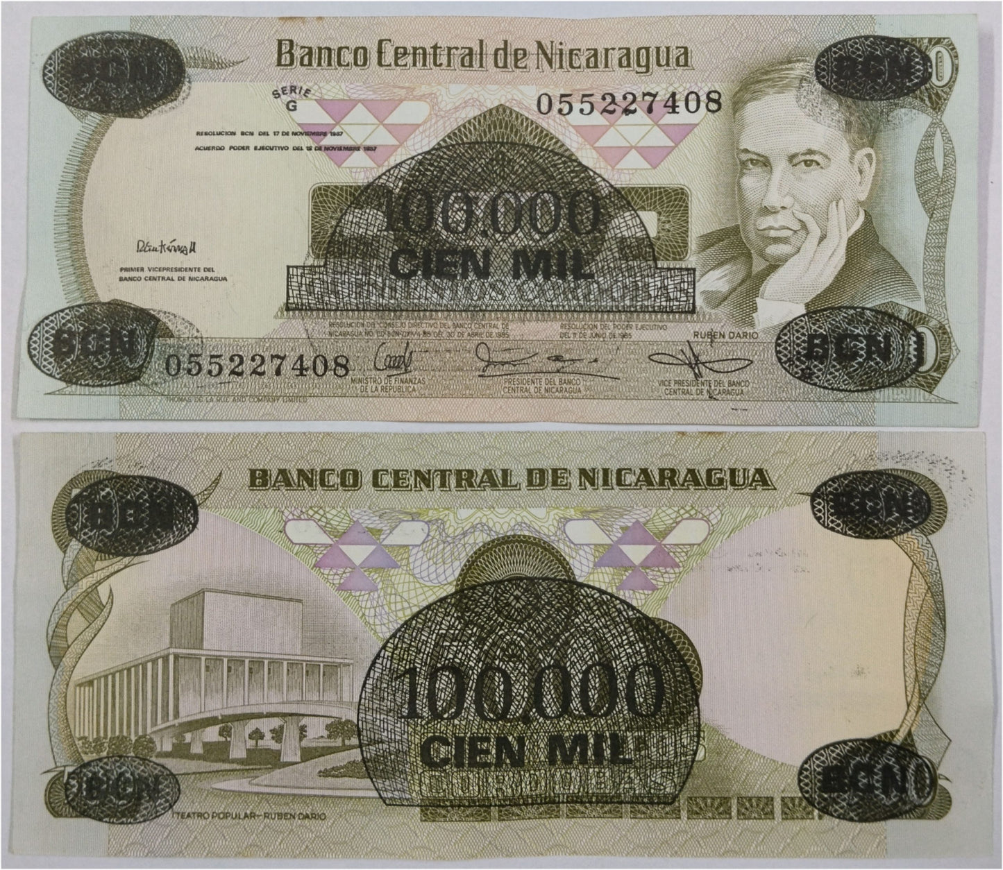 Nicaragua 100 000 Cordobas overprinted on 500 Cordobas P149 1987 UNC