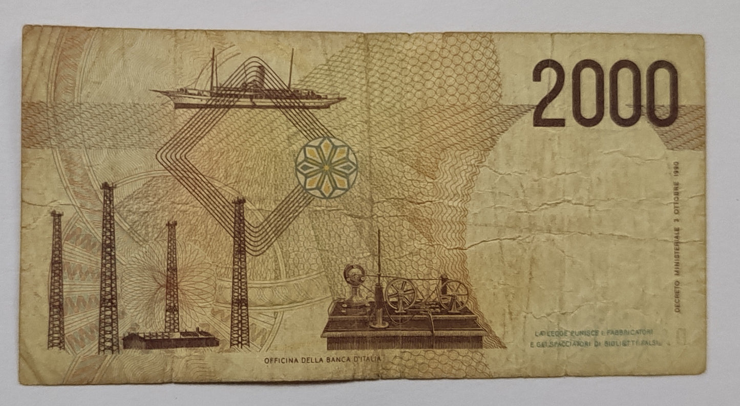 italy 2000 lire 1990 P115 used ( MARCONI)