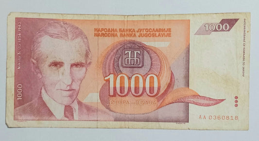 Yugoslavia 1000 Dinara 1992 P114 (Tesla) Used note ending serial no: 0818 - ZealHobbieZ