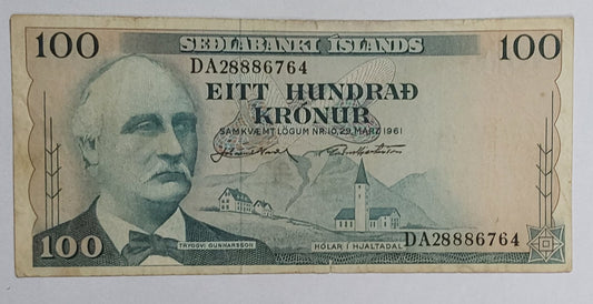 Iceland 100 Krónur (Seðlabanki Íslands) 1961 P44 Used note serial number ending 6764 - ZealHobbieZ