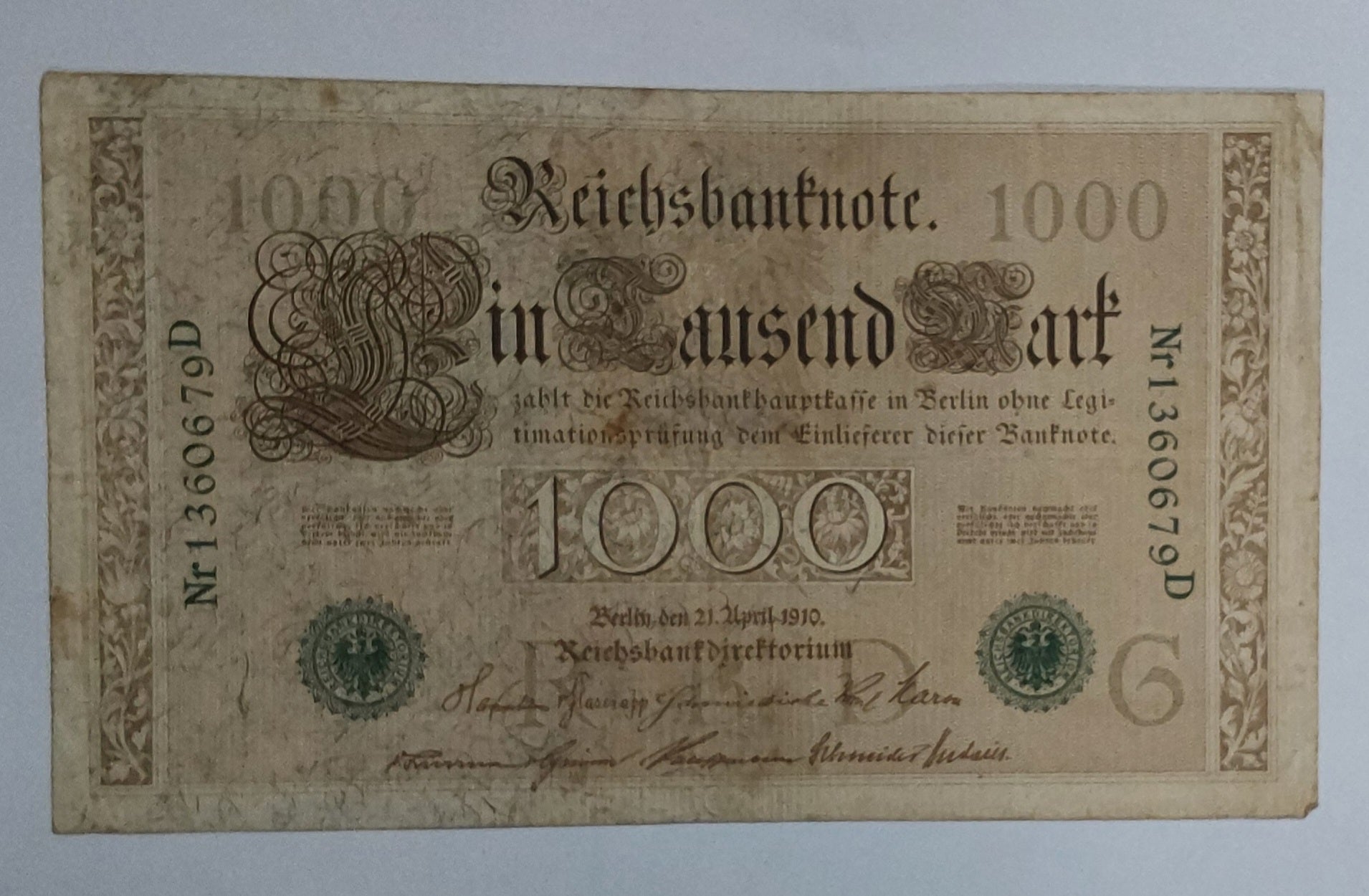Germany 1000 mark 1910 P45 Green Seal (heavily Used note) ending serial no 179 - ZealHobbieZ