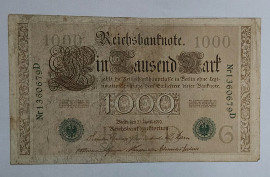 Germany 1000 mark 1910 P45 Green Seal (heavily Used note) ending serial no 179 - ZealHobbieZ