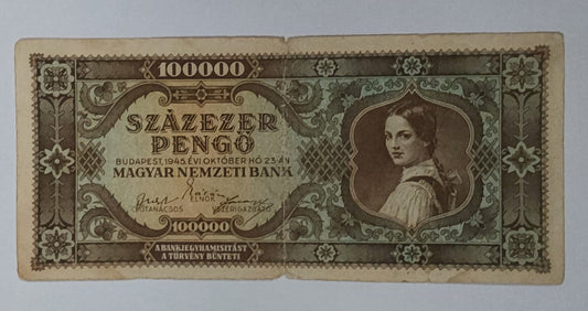 Hungary 100 000 Pengo 1945 (brown) P121 heavily Used note ending serial no 1715 - ZealHobbieZ
